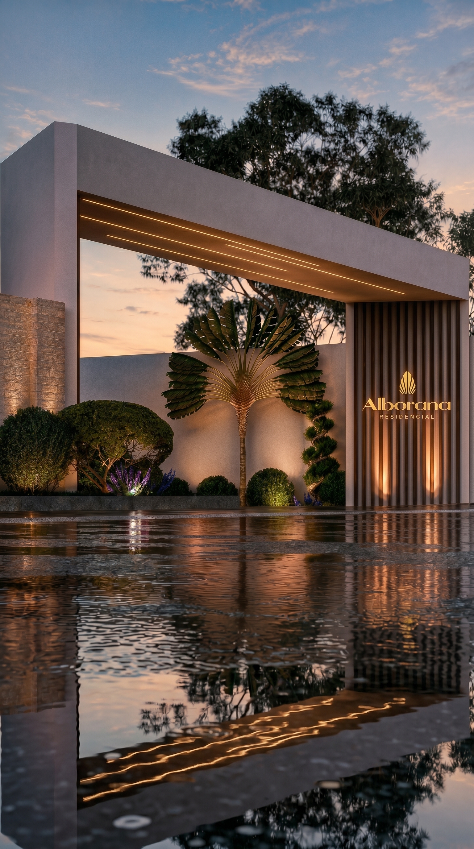 Render de una vivienda del proyecto Alborana al atardecer
